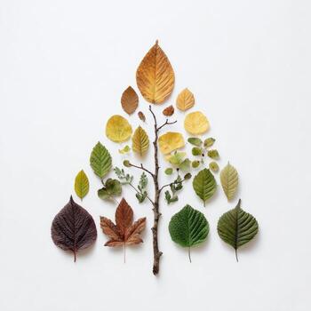 A tree crafted from leaves of varying colors, arranged on a stark white background photo
