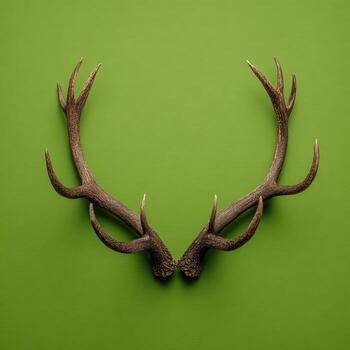 Overhead shot of deer antlers symmetrically arranged on a vibrant green background photo