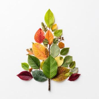 Colorful autumn leaves artfully arranged in a Christmas tree shape on a white backdrop photo