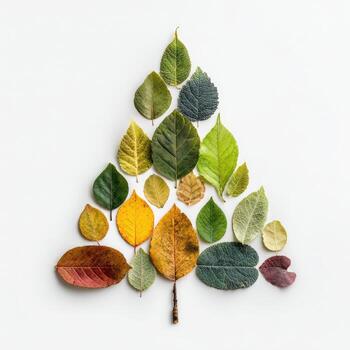 A tree shape crafted from diverse leaves in various colors, set against a white background photo