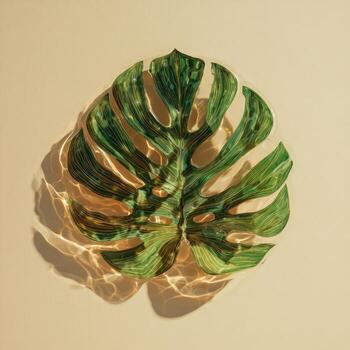 A vibrant monstera leaf sits on a tan surface with a rippling water effect photo