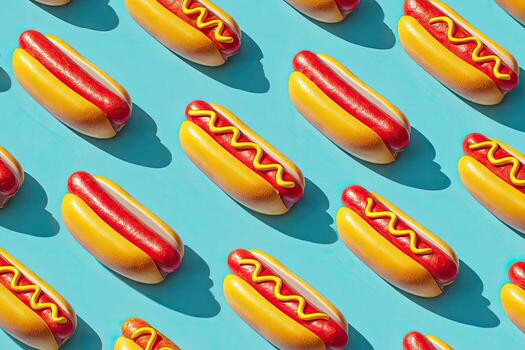 A repeating pattern of hot dogs on buns with mustard, cast with long, sharp shadows photo