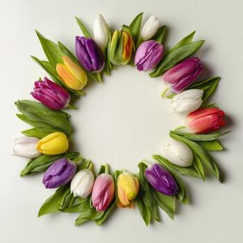 A vibrant wreath of colorful tulips, with green leaves, arranged in a circular pattern photo