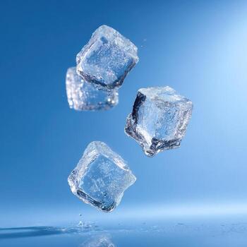 Four translucent ice cubes, partially melting, floating against a gradient blue backdrop photo