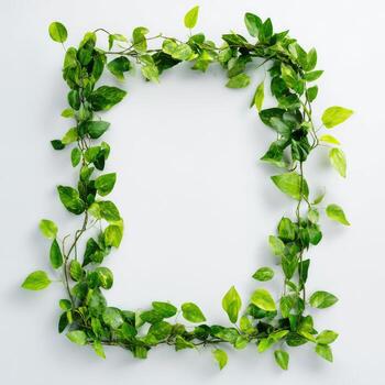 Green leafy vine forms a square border around a white background photo