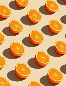 reducido a la mitad naranjas arreglado en un repitiendo modelo fundición largo oscuridad en un ligero beige antecedentes foto