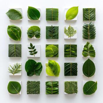 A grid of green leaves arranged meticulously on white squares, showcasing leaf diversity photo