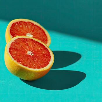 Two grapefruit halves, vibrant orange flesh, on a turquoise surface, casting a deep shadow photo
