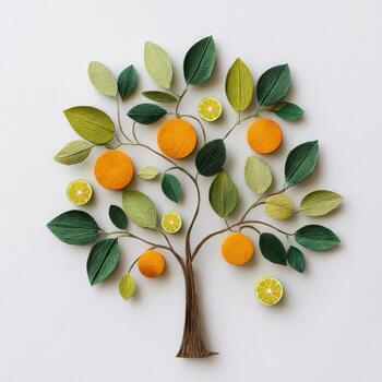 Handmade paper tree with oranges and lemons against a white background, whimsical design photo