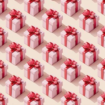 Pattern of gift boxes, blush pink with red bows, repeated on a beige background photo