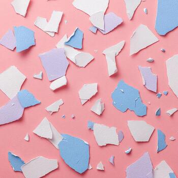 Pastel colored paper fragments scattered randomly across a vibrant pink background photo