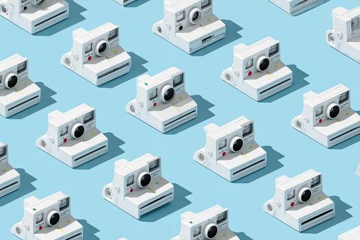 Grid pattern of white instant cameras with strong shadows against a pastel blue backdrop photo
