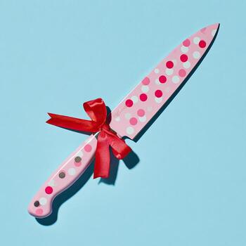 Whimsical pink knife with polka dots, red ribbon tied, resting against a light blue backdrop photo