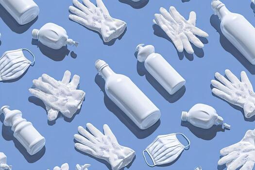 White PPE, including bottles, gloves, and masks, arranged on a blue background, casting shadows photo
