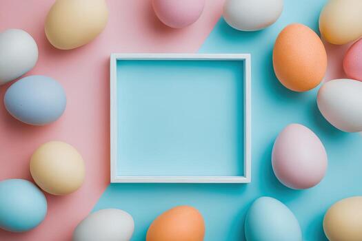 Pastel eggs arranged on a two-tone pink and blue backdrop, framing a square opening photo