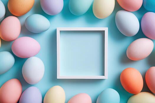 Pastel-colored Easter eggs surround a central square frame on a light blue backdrop photo