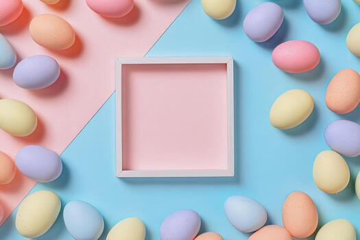 Pastel Easter eggs surround a blank square on a split background of pink and blue photo