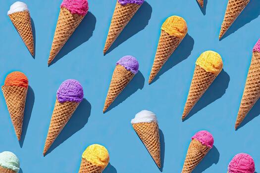 Colorful ice cream cones with various flavored scoops arranged on a bright blue surface photo