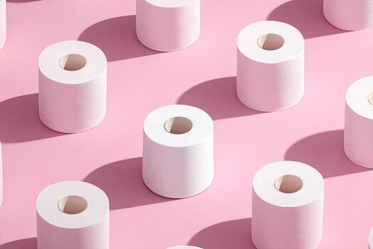 Patterned arrangement of white cylindrical objects on a pink background, with shadows photo