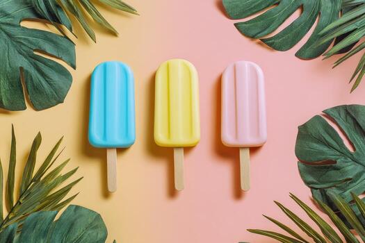 Three colorful ice pops, arranged between lush tropical leaves, against pastel backgrounds photo