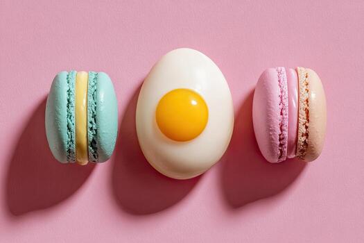 Macarons flank a soft boiled egg, all on a pastel pink surface, creating a whimsical image photo