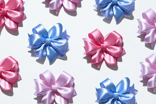Overhead shot of multiple pink and blue satin bows on a bright white surface photo