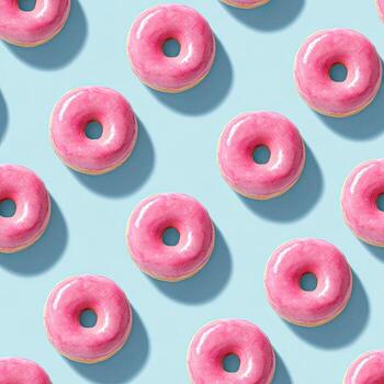 Repeating pattern of pink glazed donuts on a light blue background, sunny shadows photo