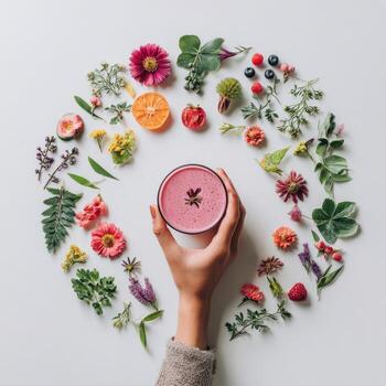 Hand holding a smoothie, surrounded by a colorful, floral arrangement on a white backdrop photo