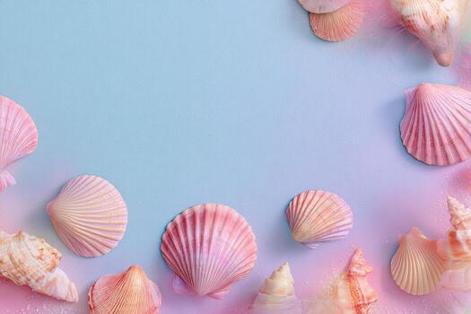 Assortment of pink and beige seashells artfully arranged on a gradient blue and pink backdrop photo