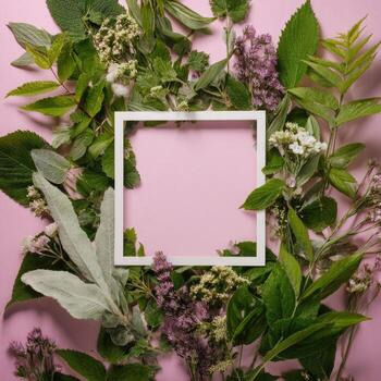 Green foliage and white frame on a pink background create a natural, decorative composition photo