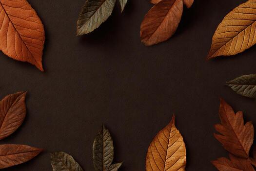 Autumn leaves frame a brown background, displaying various shades of warm colors photo