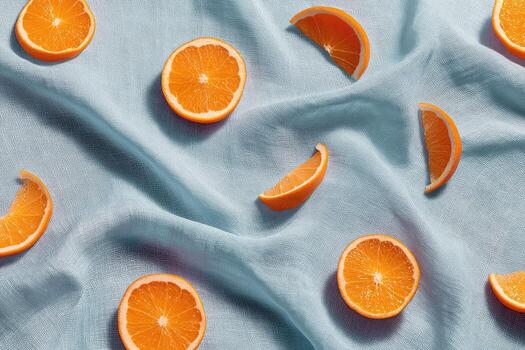 Sliced oranges scattered on a soft blue fabric, with light and shadow details photo