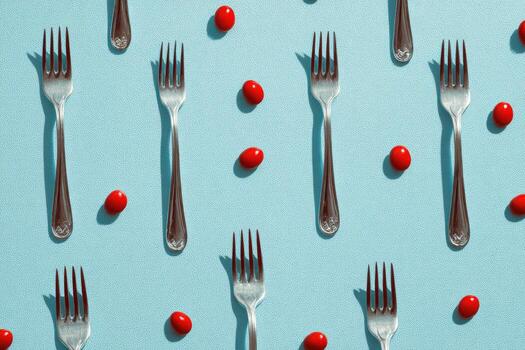 Overhead pattern of silver forks and scattered red, oval-shaped objects on a light blue surface photo