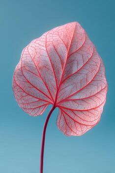 A single, delicate pink leaf with intricate red veins against a gradient blue background photo