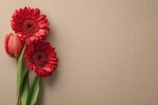 Close-up of three bright red flowers with green stems against a neutral, textured backdrop photo