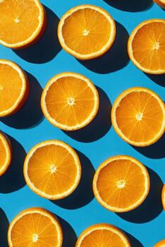 Overhead shot features sliced oranges arranged on vibrant blue, casting shadows photo