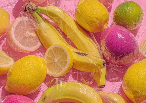 Overhead shot of various colorful fruits wrapped in plastic, arranged on a pink surface photo
