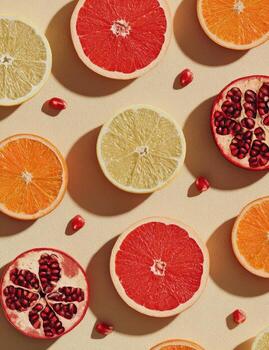 gastos generales Disparo de clasificado agrios frutas y granada en un ligero amarillo superficie foto