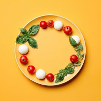 Overhead view plate with arranged cherry tomatoes, mozzarella balls, and basil on yellow photo
