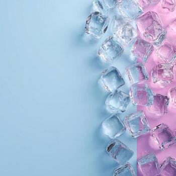 Scattered ice cubes on a split pink and blue backdrop, abstract, cool, and refreshing photo