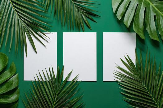 Three vertical white rectangles surrounded by tropical leaves on a green background photo