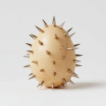 A speckled egg, embedded with numerous metallic spikes, against a clean white background photo