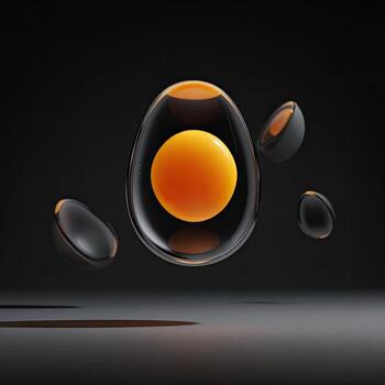 A stylized egg with a vibrant yolk encased in clear, glowing shell fragments photo