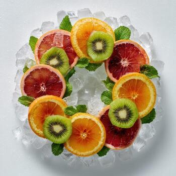 Vibrant arrangement of fruit slices including citrus and kiwi, nestled on crushed ice photo