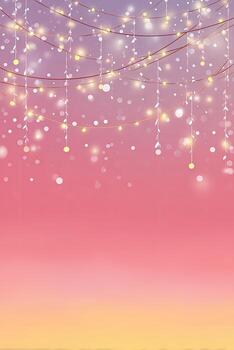 A gradient background of pink, orange, and purple, with strings of glowing lights falling photo