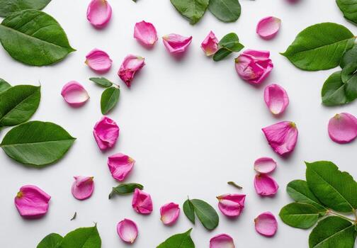 Pink rose petals and green leaves arranged on a white background, creating a decorative frame photo
