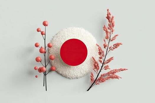 A minimalist composition with red circle, fluff, berries, and plant against a light background photo