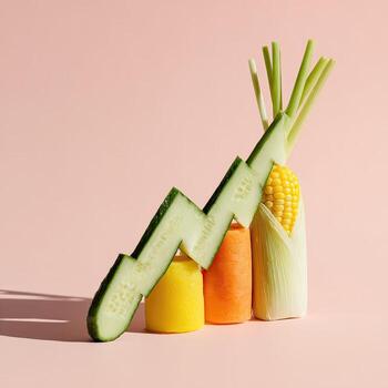 A cucumber cut to chart a rise, propped on lemon, carrot, corn, and celery on pink photo