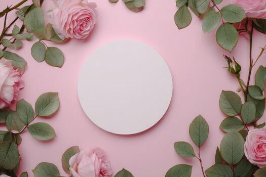 Top-down view of pink roses with green leaves framing a blank circle on a pink backdrop photo