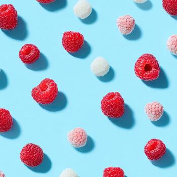 Raspberries and frosted spheres and hearts scattered on a bright blue backdrop photo